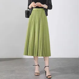 Skirts Ice Silk Fabric Versatile And Slim Solid Color A-line Large Fold Skirt Spring-Summer High Waist Mid Length