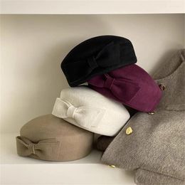 Berets Woolen Bow Beret Women'S Autumn And Winter Sweet Girl Elegant Retro Cute Big Head Size Felt Flat Brim Fedora Hat