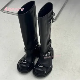 Boots Cowhide Belt Thick Sole Knight Boots Women's Winter Punk Knee High Boots Western Round Toe Black Solid Shoes Block Heels