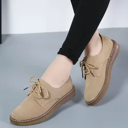 Casual Shoes Autumn Winter British Style Suede Leather For Women Flat Heel Lace Up Solid Soft Sole Single Zapatillas