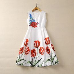 Casual Dresses Europe And The United States Women's 2024 Winter V-neck Sleeveless Beaded Flower Print Fashion Pleated Dress