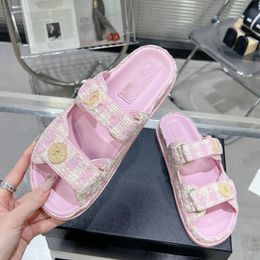 Luxury Sandals Women Pink Designer Sandals Gold Button Sandals Camellia Mules Slip On Shoe Shag Candy Flat Dress Shoes Leather Outdoor Beach Slippers