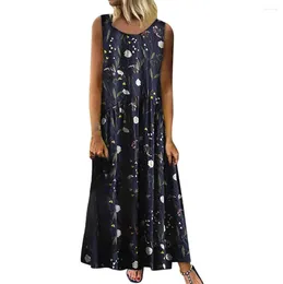 Casual Dresses 2024 Bohemian Maxi Dress Vintage Floral Women Sleeveless Long Plus Print O-Neck Size Women's