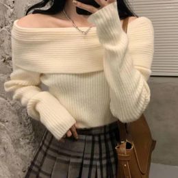 Women's Sweaters Sweater Off Shoulder Knitted Niche Design Slouchy Jumpers Autumn Winter Solid Colour Sexy Long Sleeves