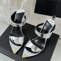 Dress Shoes 2024 Thin High Heels Silver Leather Slippers For Women Peep Toe Crystals Mules Ladies Pumps Females Sandals Loafer34