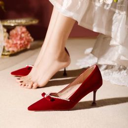 Dress Shoes Chinese Style Suede 2024 Wedding Win Red Pearl Bowknot Stiletto High Heels Pumps Single Pointed Toe