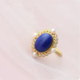 Cluster Rings Natural Lapis Lazuli Inlaid 925 Sterling Silver Gold-Plated Zircon Pearl Ms. Ring