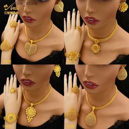 Charm Bracelets Ethiopian Fashion 24k Gold Colour Flower Shape Pendant Necklace Sets for Women Africa Bridal Necklace Earrings Set Wedding Gifts L240322