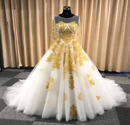 Charming White Gold Lace Wedding gown Dresses Long Sleeves Appliques Jewel Neck Hollow Back Sequins Real Po Wedding Gowns5422032