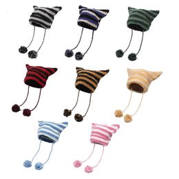 Japanese Y2K Cute Black White Striped Cat Ears Wool Hat Women Autumn Winter Warm Little Devil Hanging Ball Knitted Beanie Hat 240306