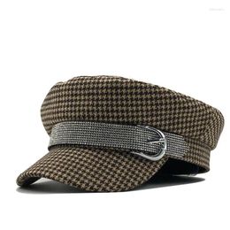 Berets Women Black Military Hats Autumn Winter Fashion Wool Pearl Leather Patchwork Sboy Caps With Belt Female Gorras