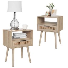 Amzyuga Vine Bohemian with Drawers Open Storage Space Modern Bedside Solid Wood Feet Suitable for Bedroom, Dormitory, Decorative Table Natural Colour 2-piece Set