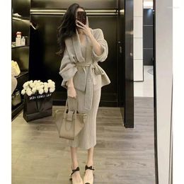 Work Dresses 2024 Women's Spring Autumn Knitted Suits Female Long Sleeve Sweater Coats And Slim Package Hip Dress Ladies 2 Piece Set O436