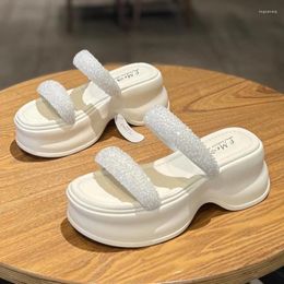 Slippers Water Diamond Double Strap For Female Outwear 2024 Summer Matsuke Thick Sole Small Tall Fairy Style