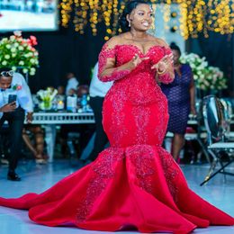 Aso Ebi Red Luxurious Mermaid Prom Dress Beaded Crystals Lace Evening Formal Party Second Reception Th Birthday Engagement Gowns Dresses Robe De Soiree