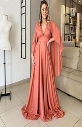 Coral Long Sleeve Evening Dresses Arabic Aso Ebi Large Size V Neck A Line Chiffon Party Formal Gowns Backless Women Prom Dresses5759374