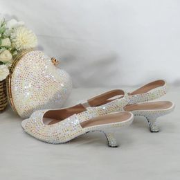 Dress Shoes Arrival Bridal AB Bling Open Toe Wedding And Bag Woman High Pumps Thin Heel Lady Party Slingbacks