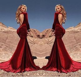 Sexy Fitted Mermaid Dark Red Velvet Prom Dresses 2019 Vestidos De Fiesta Long Sleeves Ruched Backless Celebrity Evening Dress6545378