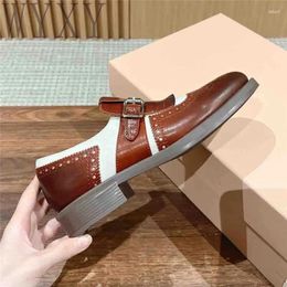 Casual Shoes Spring Autumn Round Toe Low Heel Women Buckle Strap Genuine Leather Retro Thick Sole Single Woman 2024