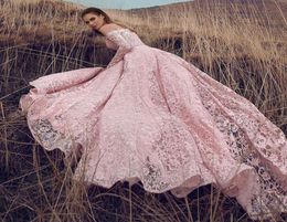 Amazing Pink Lace Wedding Dresses Off Shoulder Long Sleeves 2022 Open Back Bridal Dress Vestidos De Novia Country Wedding Dress Pl3702592