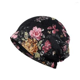 Berets Flower Printed Hat Cotton Scrub Cap Adjustable Chemo For ( Black )