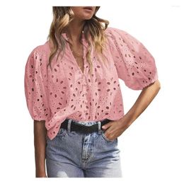 Women's Blouses V-neck Button Hollow Shirt Women Summer Top Stylish Lantern Sleeve Flower Pattern Tops Lace