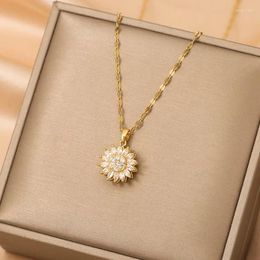 Chains Double-layer Rotatable Sunflower Necklaces For Women Chain Choker Stainless Steel Jewellery Accessories