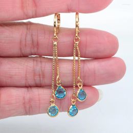 Dangle Earrings Fashion Gold Colour Lake Blue CZ Round Drop Tassel For Women