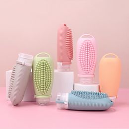 2 In 1 Silicone Refillable Empty Shampoo Bottle Liquid Hand Soap Lotion Container Dispenser Bath Shower Brush Hair Scalp Massager Scrubber Exfoliator Travel W0213
