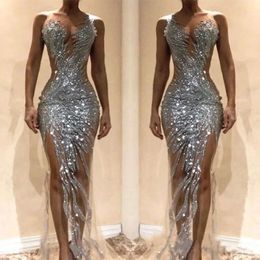 Sexig Sier Sequined Mermaid Prom Dresses Front Split See Through aftonchowns Special OCN Party Dress