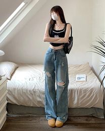 Women's Jeans Vintage Blue Ripped Wide Leg Lady High Waist Straight Loose Casual Streetwear Long Denim Pants