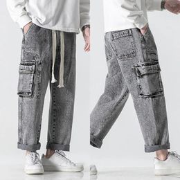 Men's Jeans Denim Summer Casual Pants With Elastic Drawstring Waist Multi Pockets Design Straight Wide Leg For Streetwear