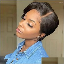 Lace Wigs Straight T Part Wig Prepluck Brazilia Human Hair Natural Hairline Pixie Cut Transparent For Women Drop Delivery Products Dhj0Z