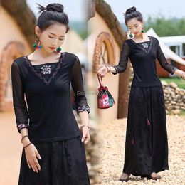 Ethnic Clothing 2024 Chinese Style Embroidered Base Blouse Half Sleeve Square Collar Elegant Sexy Women National T-shirt S271