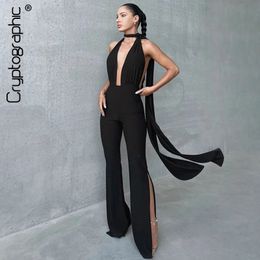 Cryptographic Deep V Wrap Around Halter Sexy Backless Flare Pants Jumpsuits Fashion Outfits for Women Rompers Overalls240321