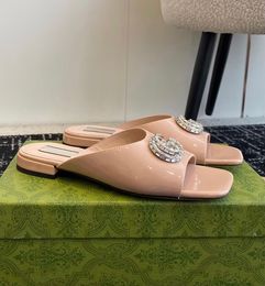 Luxury Summer Brand Women Crystal-set Double-G Sandals Shoes Patent Leather Slides Flats Square Toe Flip Flops Wholesale Daily Lady Walking EU35-43