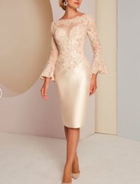 Elegant Short Champagne Lace Mother of the Bride Dresses With Slit Sheath Jewel Neck Long Sleeve Godmother Dresses Formal Party Gown Under Knee Length for Women