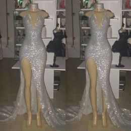 Deep V Sexy Neck High Split Prom Dresses Sier Mermaid Sequins African Gowns Vestidos Women Arabic Evening Party Dress estidos