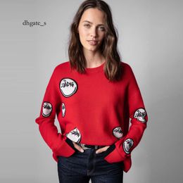 purple jeans Winter 24 New French Niche ZV Smiling Face Letter Jacquard Loose Round Neck 100% Cashmere Knitted Sweater for Women