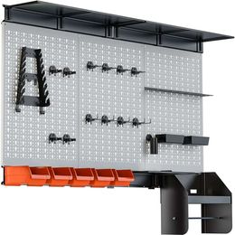 TORACK Pegboard Organiser 4 Ft. Garage Metal Utility Tool Storage Kit with Toolboard Hooks Accessories, Wall Mounted Bins, Paper Towel Holder, Overhead Shelf
