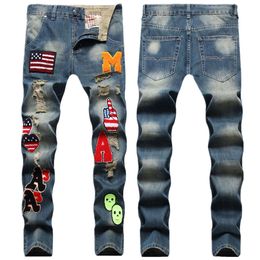Hip Hop Style Multi Position Zhangzi Towel Bottom Embroidery Hole Retro Colour Small Straight Barrel Jeans Male