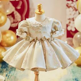 2024 Gala Elegant Dress for Baby Girls Kids Printed Ruched with Bow Clothing Birthday Party Children Pageant Fomal Dresses 17 Y 240318