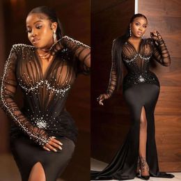 Beading Mermaid African Prom Sexy V Neck Front Split Long Sleeve Evening Gown Satin Outfit Formal Dresses