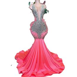 Aso Ebi Pink Arabic Mermaid Prom Dress Crystals Beaded Feather Evening Formal Party Second Reception Birthday Engagement Gowns Dresses Robe De Soiree Es Es