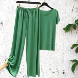 Women's Two Piece Pants Trendy Pleated Solid Color Stretchy Waist Summer T-shirt Set Drawstring Women Lady Garment