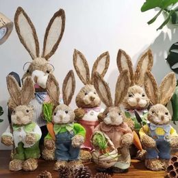Standing Bunny Rabbit Straw Artificial 14" With Carrot Home Garden Decoration Easter Theme Party Supplies Cg001