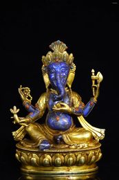 Decorative Figurines 9"Tibetan Temple Collection Old Natural Lapis Lazuli Tibetan Silver Gilded Mosaic Gem Four Arms Ganesha Buddha Worship