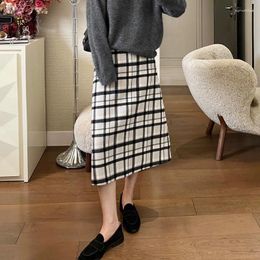 Skirts Women Vintage High Waist A Line Skirt Mid Length Woollen Plaid Double Sided Grid Pattern Autumn Winter Arrival