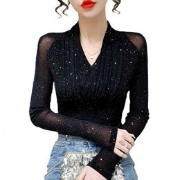 Women's T-Shirt Sparkling and bright silk mesh top suitable clothing autumn and winter long sleeved bottom shirt V-neck ultra-thin pleated black T-shirt 24322