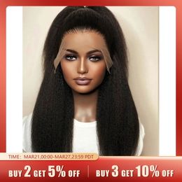 Soft Natural Yaki 26Inch 180Density Long Black Kinky Straight Preplucked Glueless Synthetic Lace Front Wig Baby Hair Middle Part